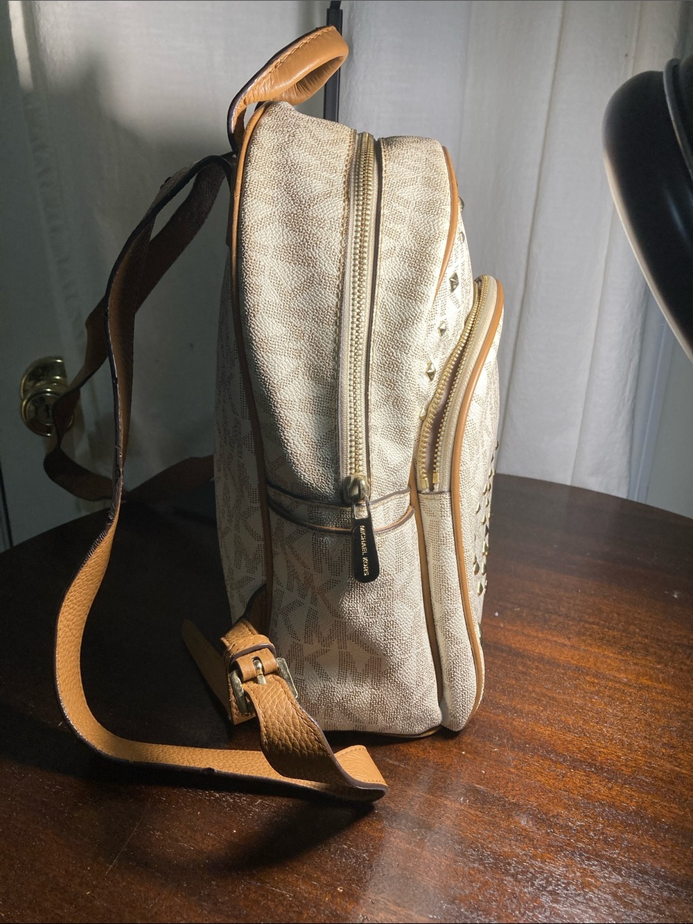 Michael Kors Cream and Tan MK Logo Studded Abbey Medium Backpack - Picture 5 of 12
